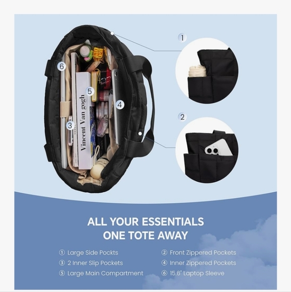 Black Quilted Tote Bag Large NWT - Picture 6 of 16